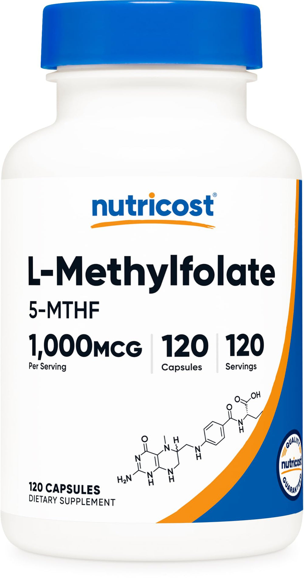 Nutricost Methylfolate 1000mcg bottle with 120 capsules for daily wellness.