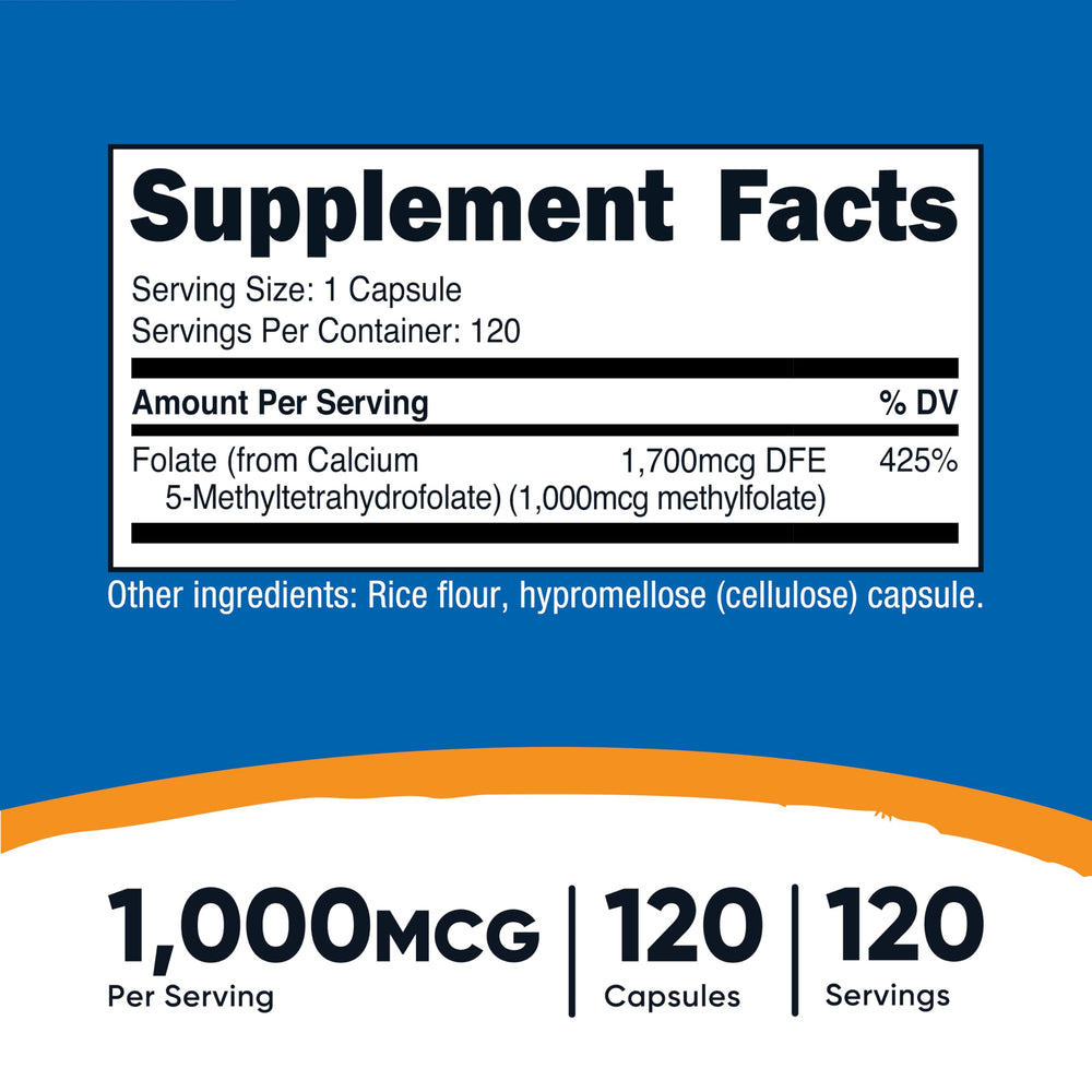 Close-up of Nutricost Methylfolate vegetarian capsules for easy daily use.