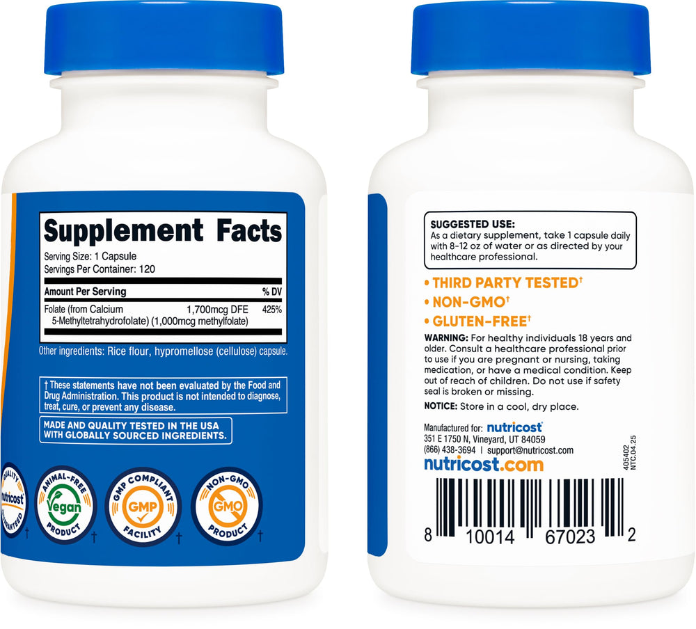 Front view of Nutricost Methylfolate bottle on a clean surface.