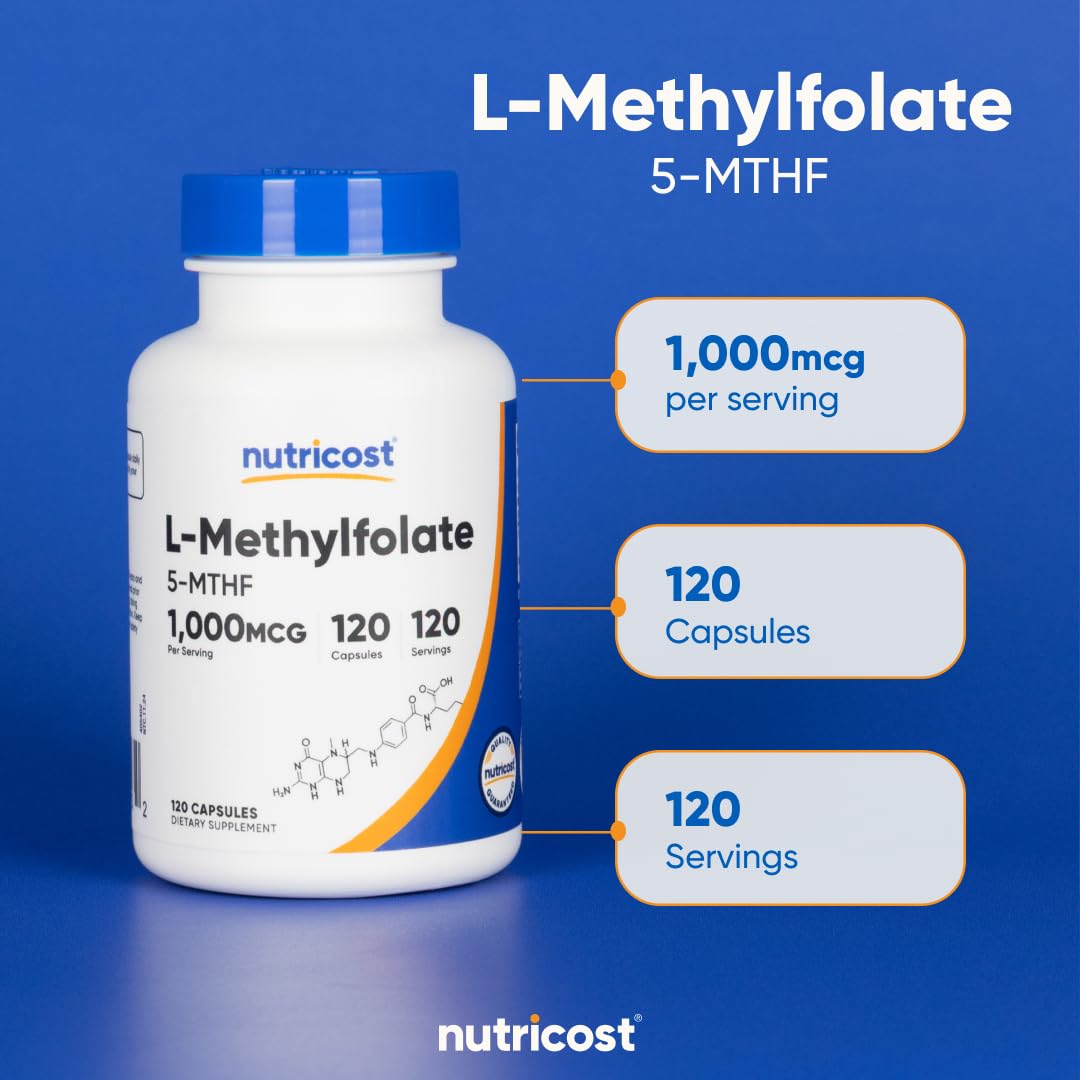 A third-party testing badge appears on Nutricost Methylfolate packaging.