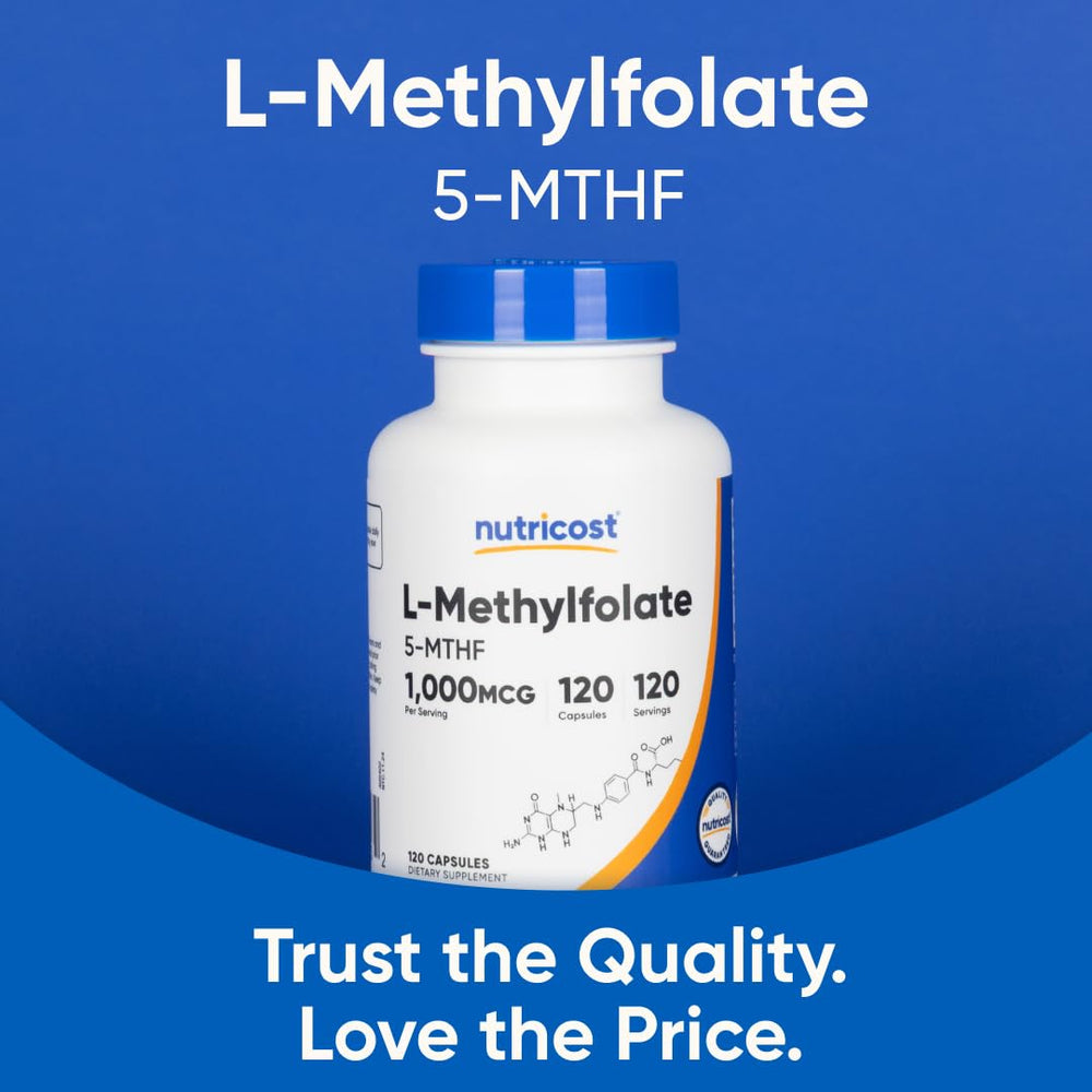 Product at a glance shows 1,000 mcg potency of Nutricost Methylfolate.