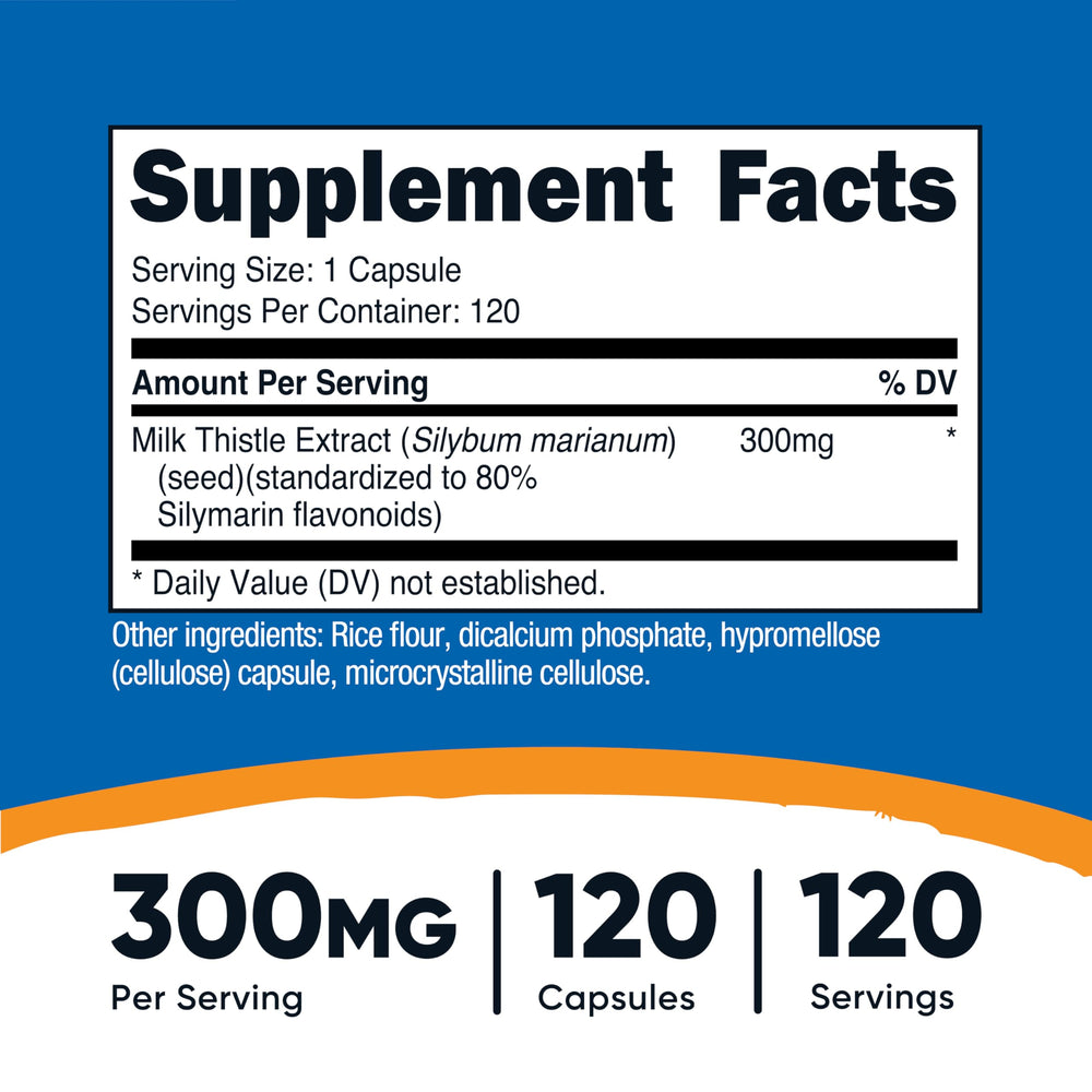 Nutricost Milk Thistle capsules close-up shows vegan-friendly capsules designed for easy swallowing.