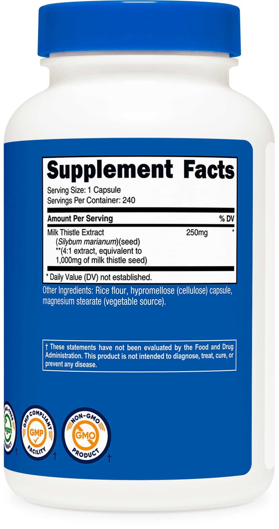 Nutricost Milk Thistle label features non-GMO and gluten-free markers