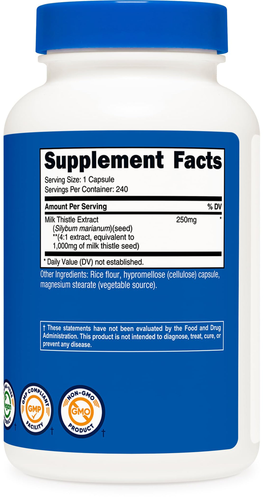 Nutricost Milk Thistle label features non-GMO and gluten-free markers