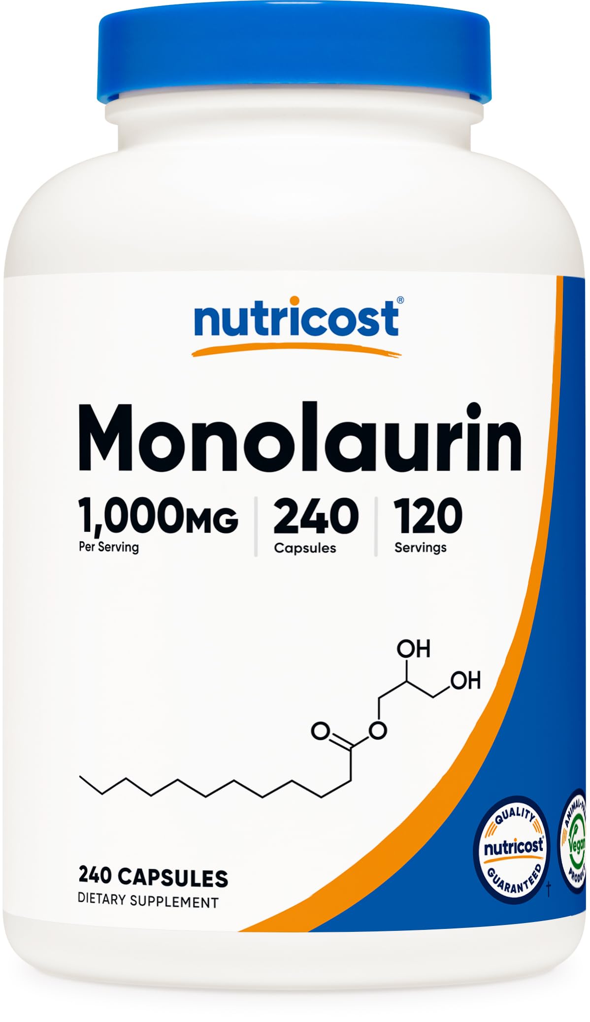 Nutricost Monolaurin bottle cap close-up for daily wellness support.