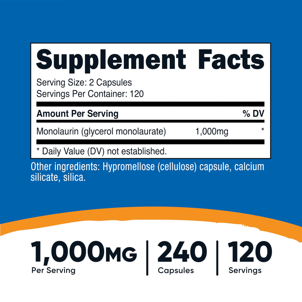 Nutricost Monolaurin capsules neatly arranged for convenient daily dosing.