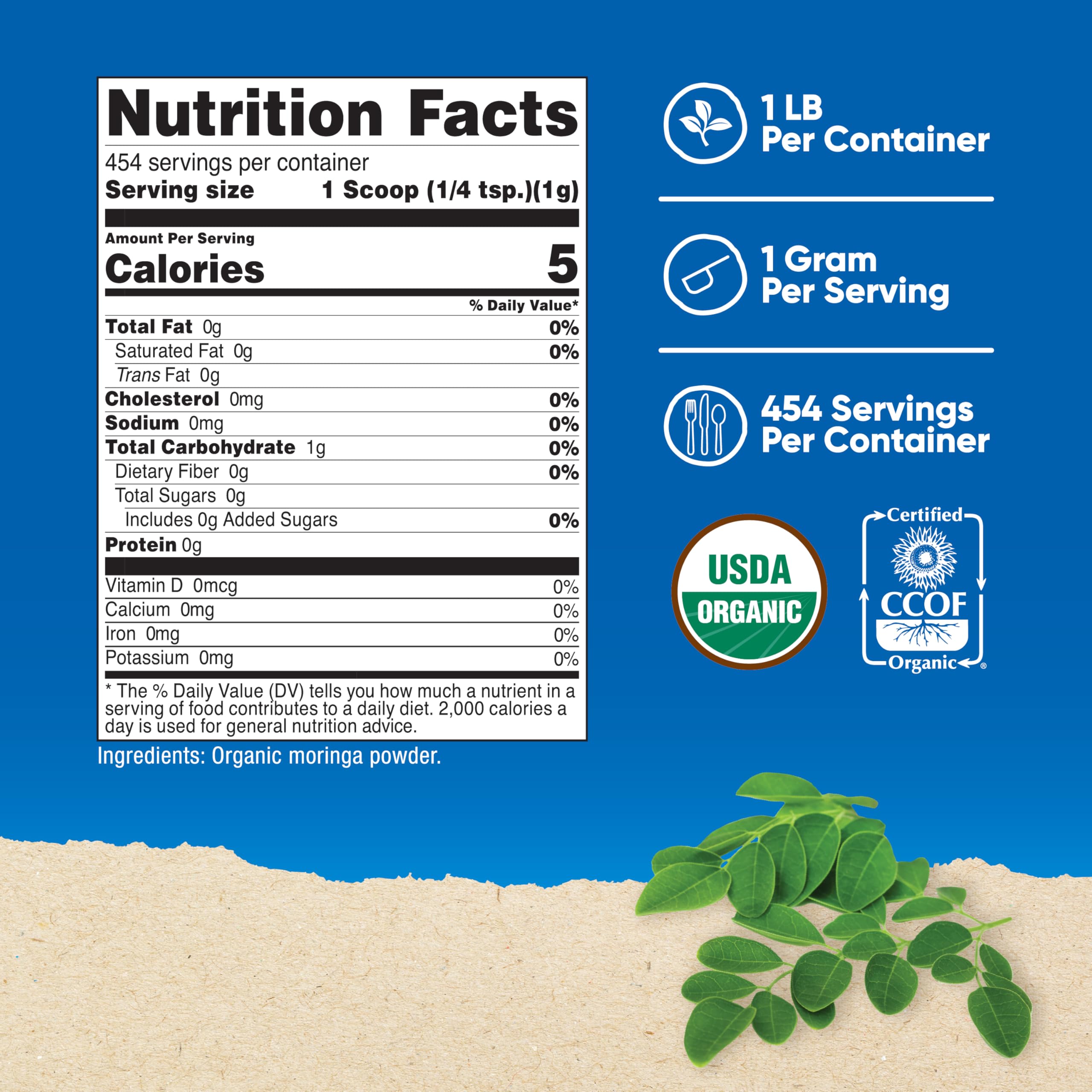 Nutricost Moringa powder with included scoop for convenient dosing.