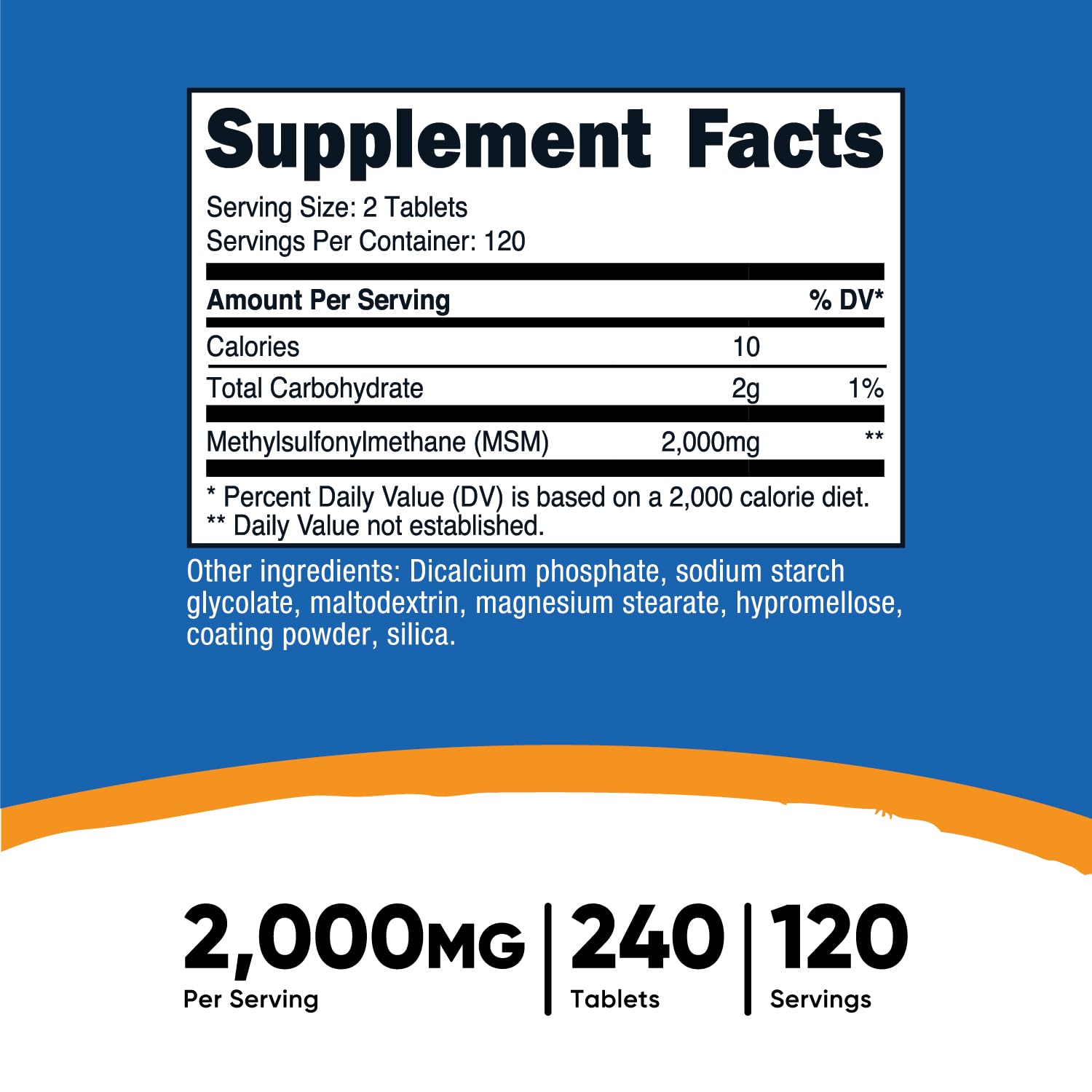 Nutricost MSM bottle label closeup highlights quality testing.