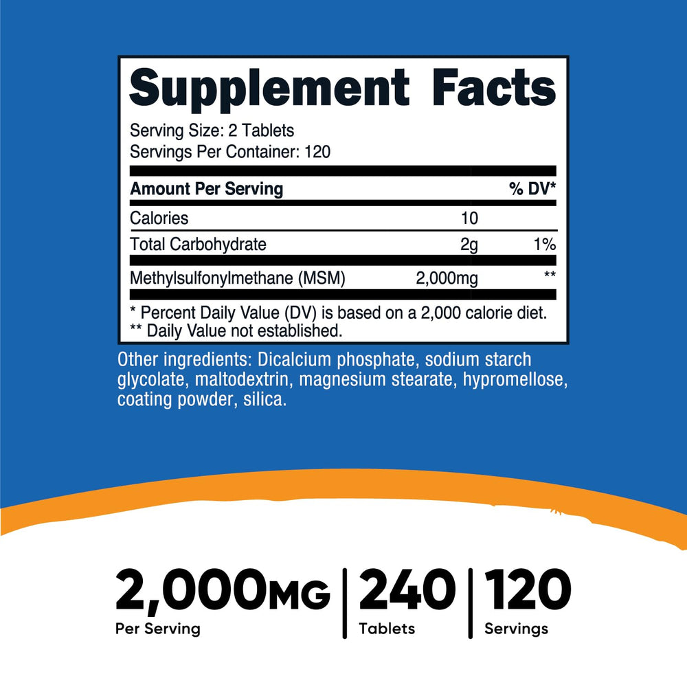 Nutricost MSM bottle label closeup highlights quality testing.