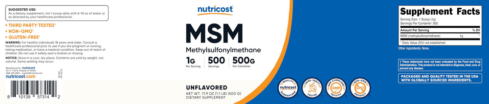 Nutricost MSM powder dissolves easily in beverages for versatile use