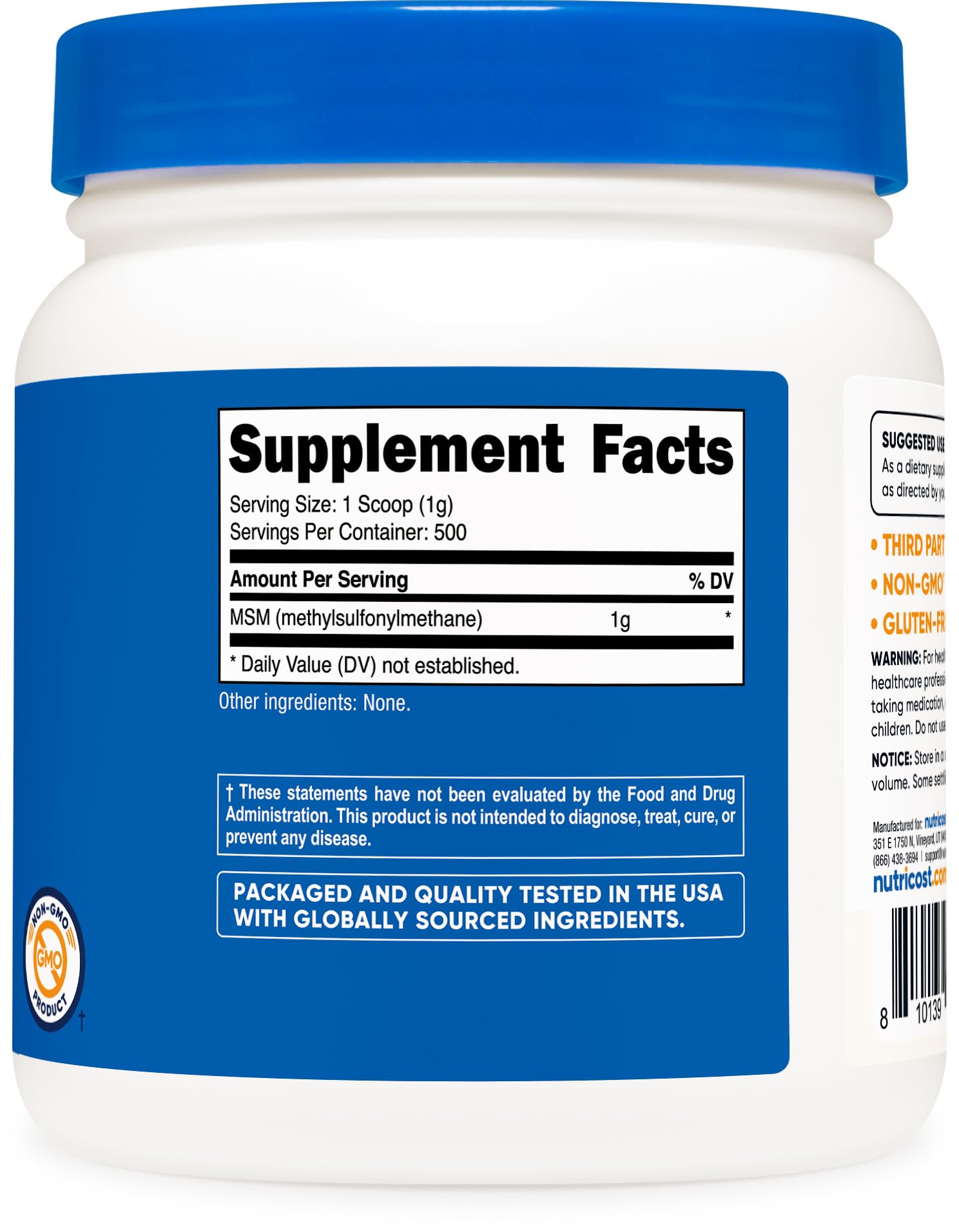 Nutricost MSM powder label highlights gluten-free and non-GMO features