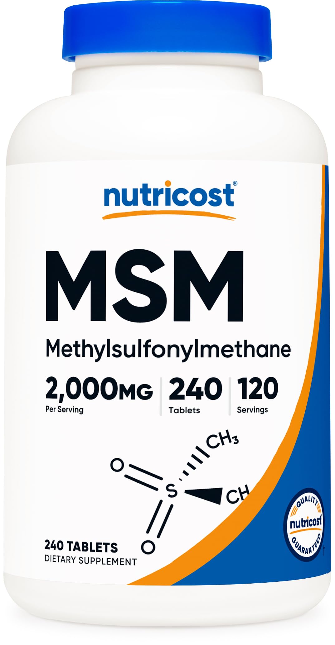 Nutricost MSM tablets close-up showing 2000mg per serving for daily wellness.