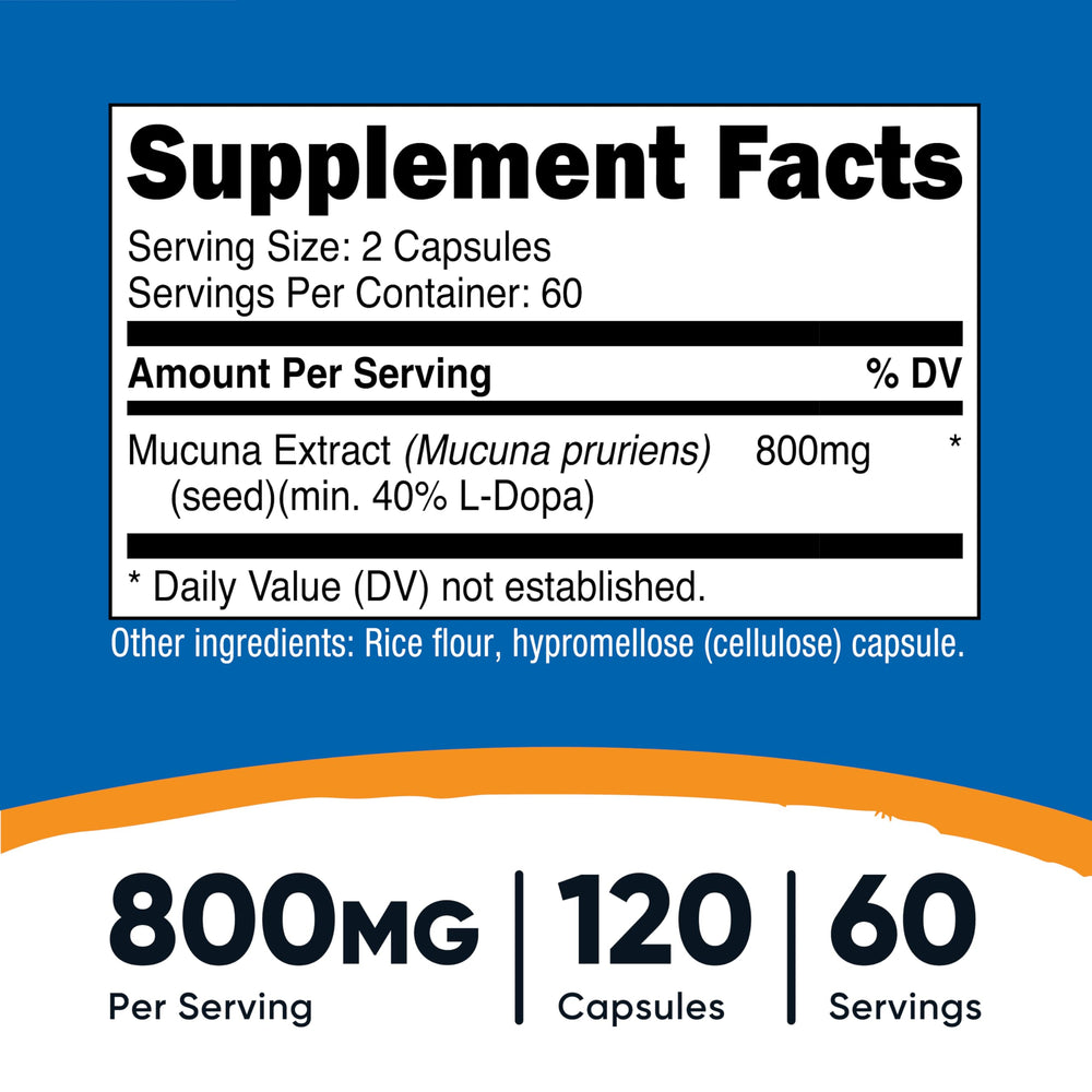 Nutricost Mucuna Pruriens capsules close-up showing 400mg.
