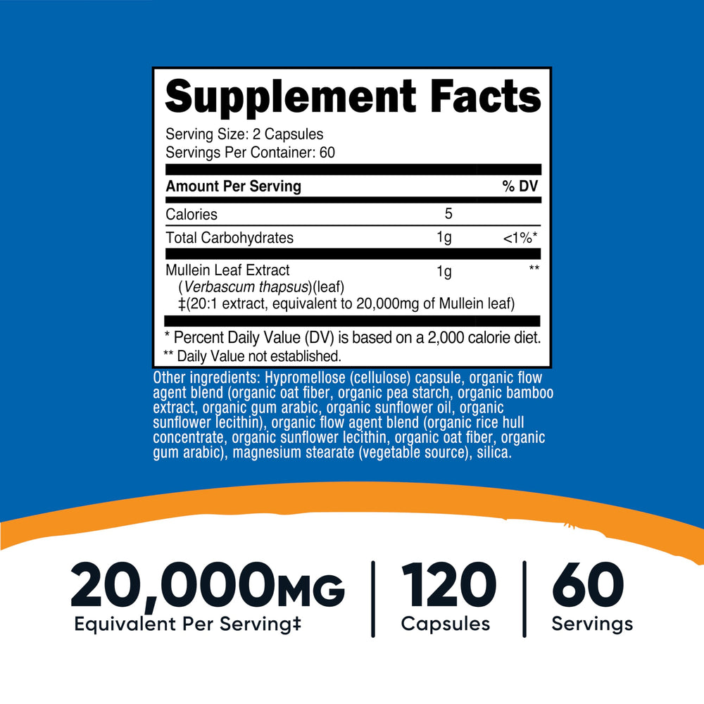 Nutricost Mullein Leaf Extract capsules close-up, showcasing easy-to-swallow vegan capsules