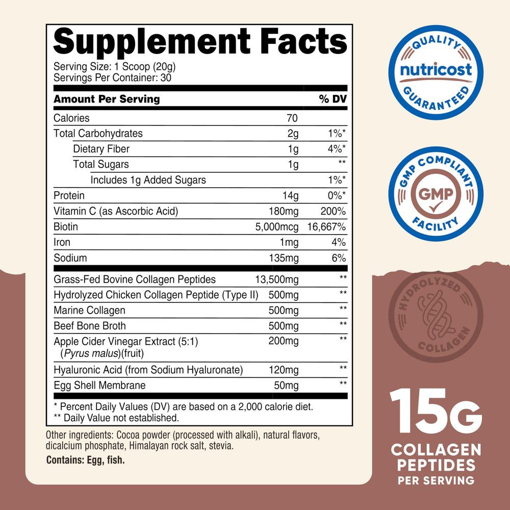 Nutricost collagen scoop showing easy mix into shakes and recipes.