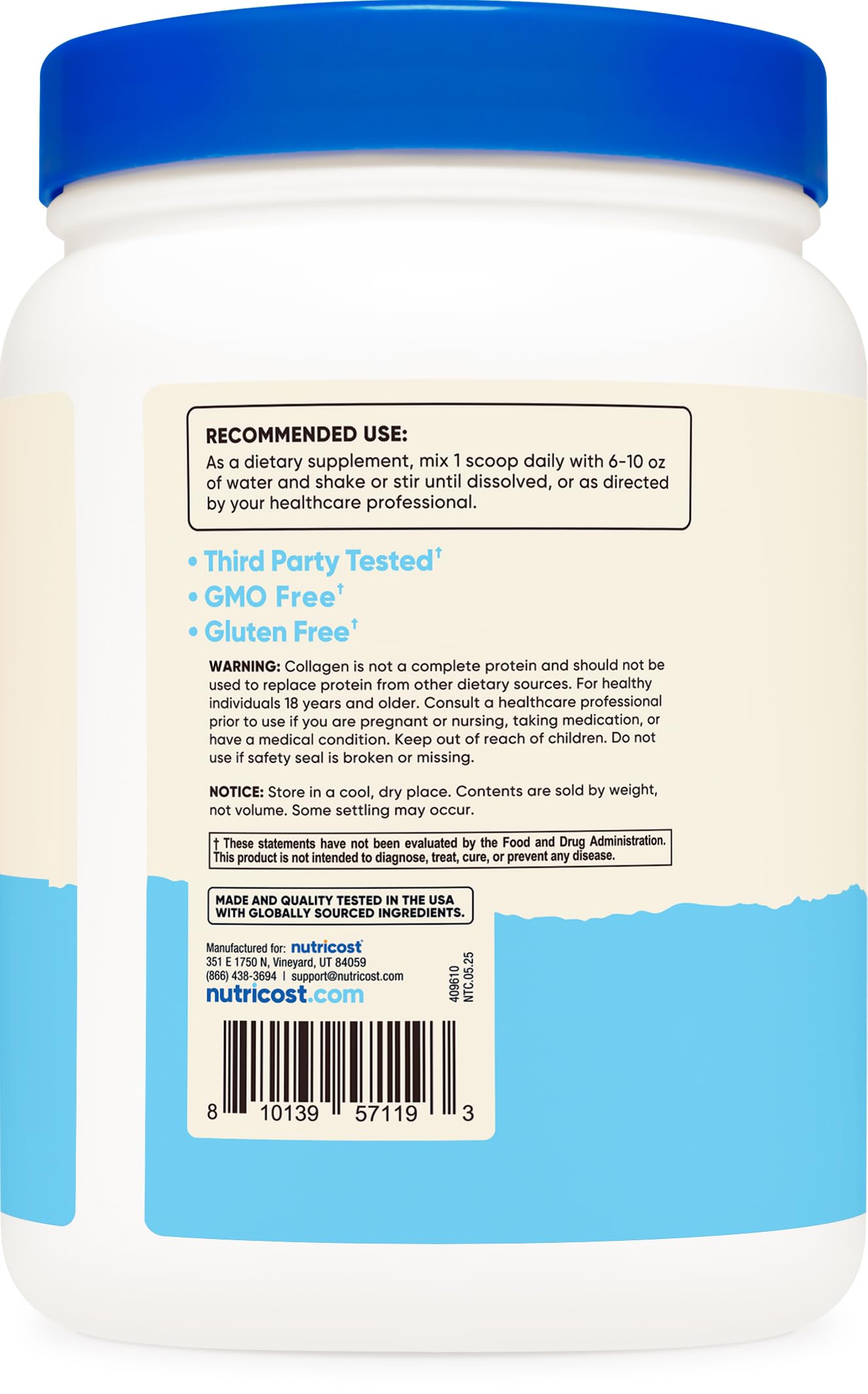 Nutricost Multi Collagen Unflavored ingredients panel highlighting biotin and hyaluronic acid