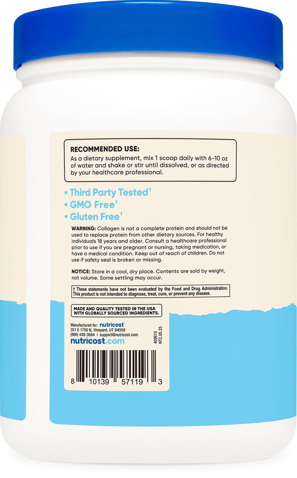Nutricost Multi Collagen Unflavored ingredients panel highlighting biotin and hyaluronic acid