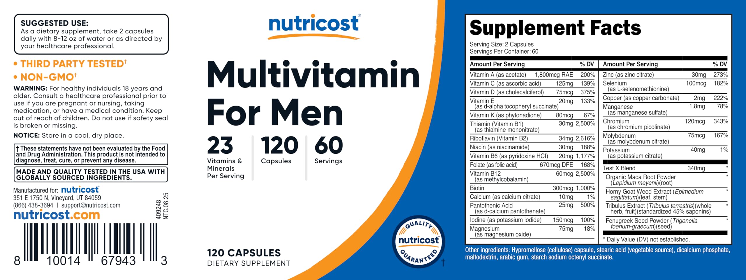 Nutricost Multivitamin for Men bottle back shows non-GMO, gluten-free