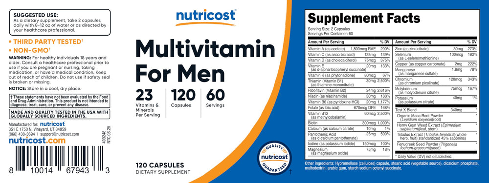 Nutricost Multivitamin for Men bottle back shows non-GMO, gluten-free