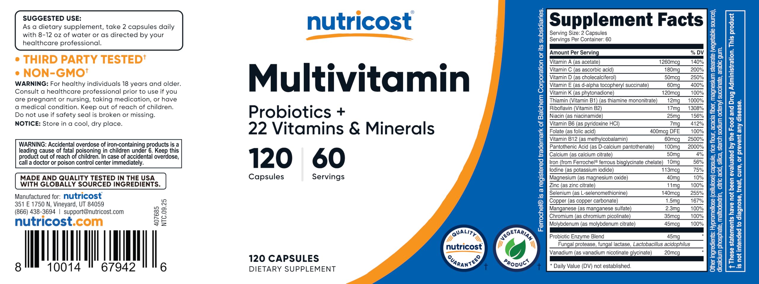 Nutricost Multivitamin with Probiotics facility certification logos demonstrate quality standards