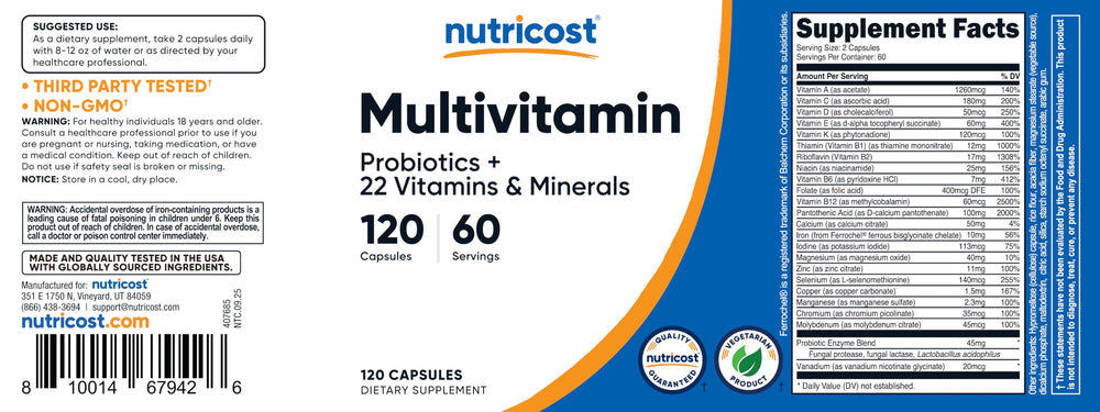 Nutricost Multivitamin with Probiotics facility certification logos demonstrate quality standards