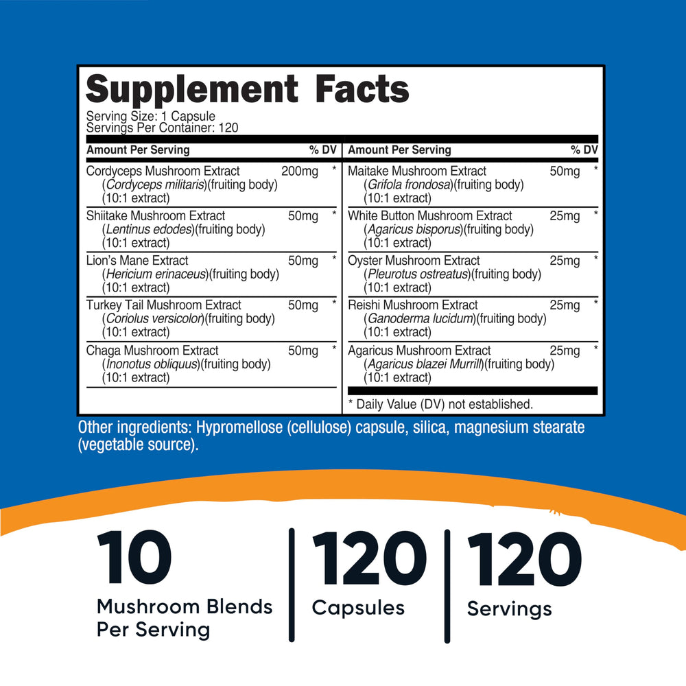 Nutricost Mushroom Complex capsules close-up highlighting the 10-mushroom blend.