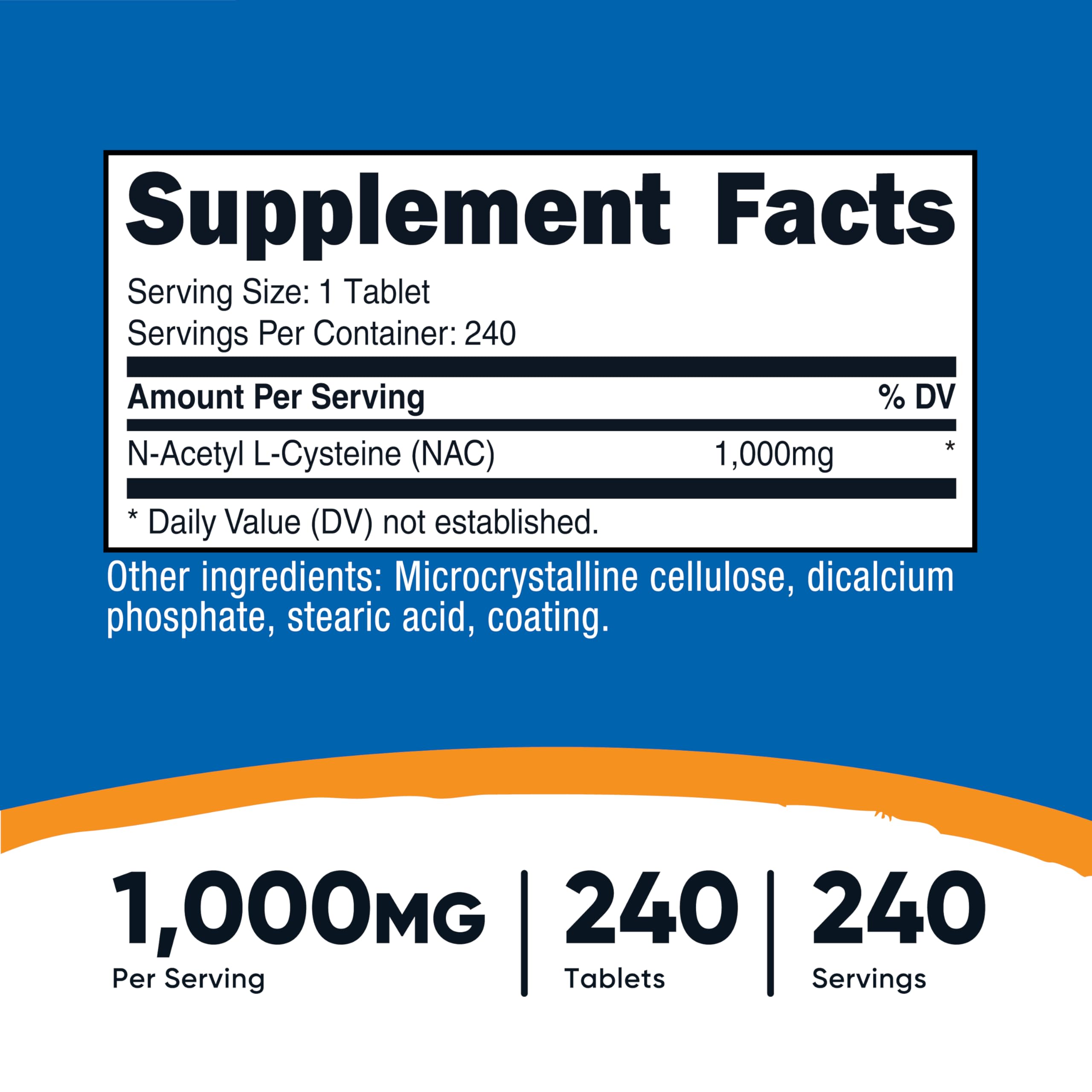 Nutricost NAC 1000 mg tablets side view, compact vegan supplement