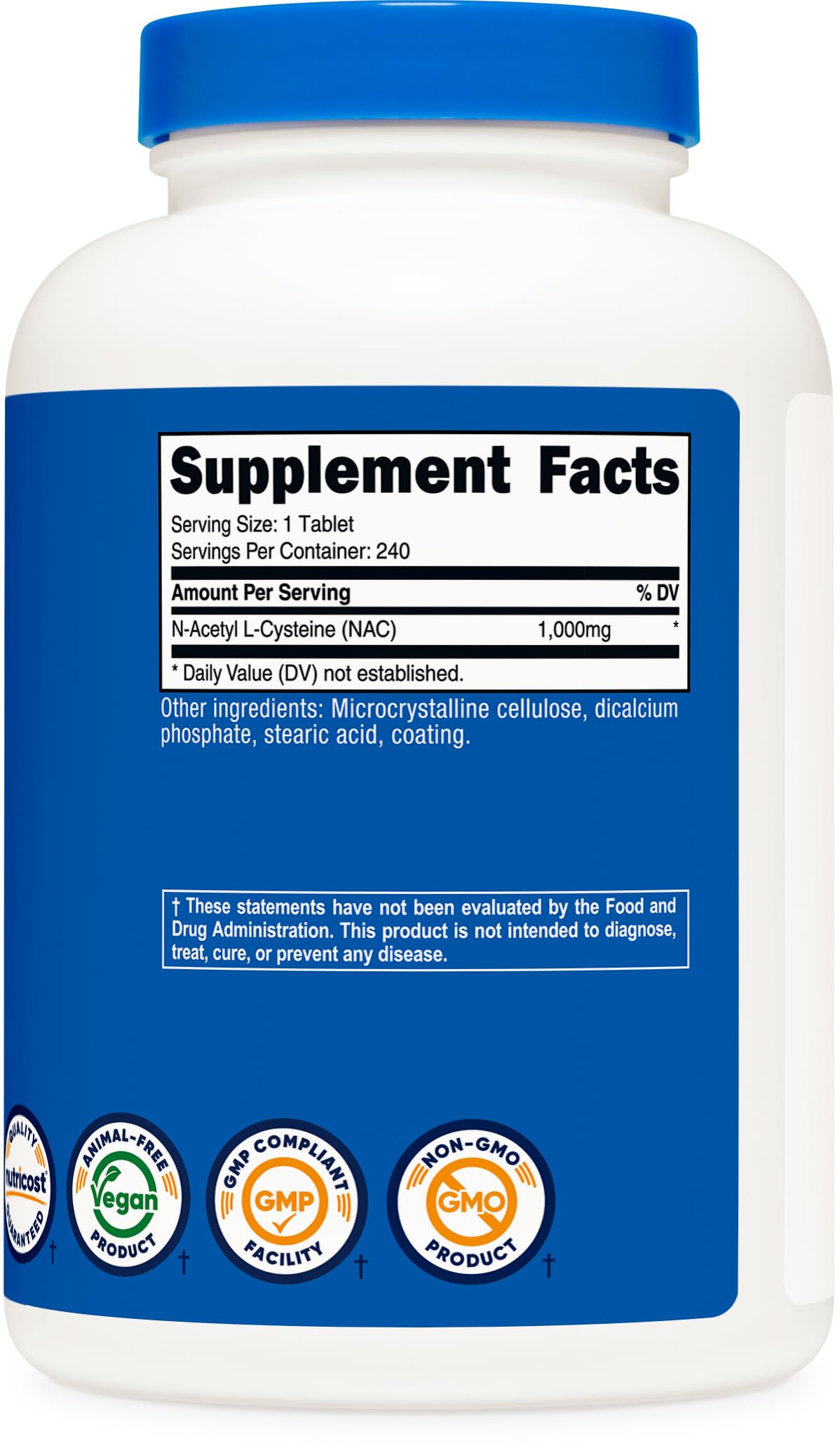 Nutricost NAC bottle on desk with third-party tested standards