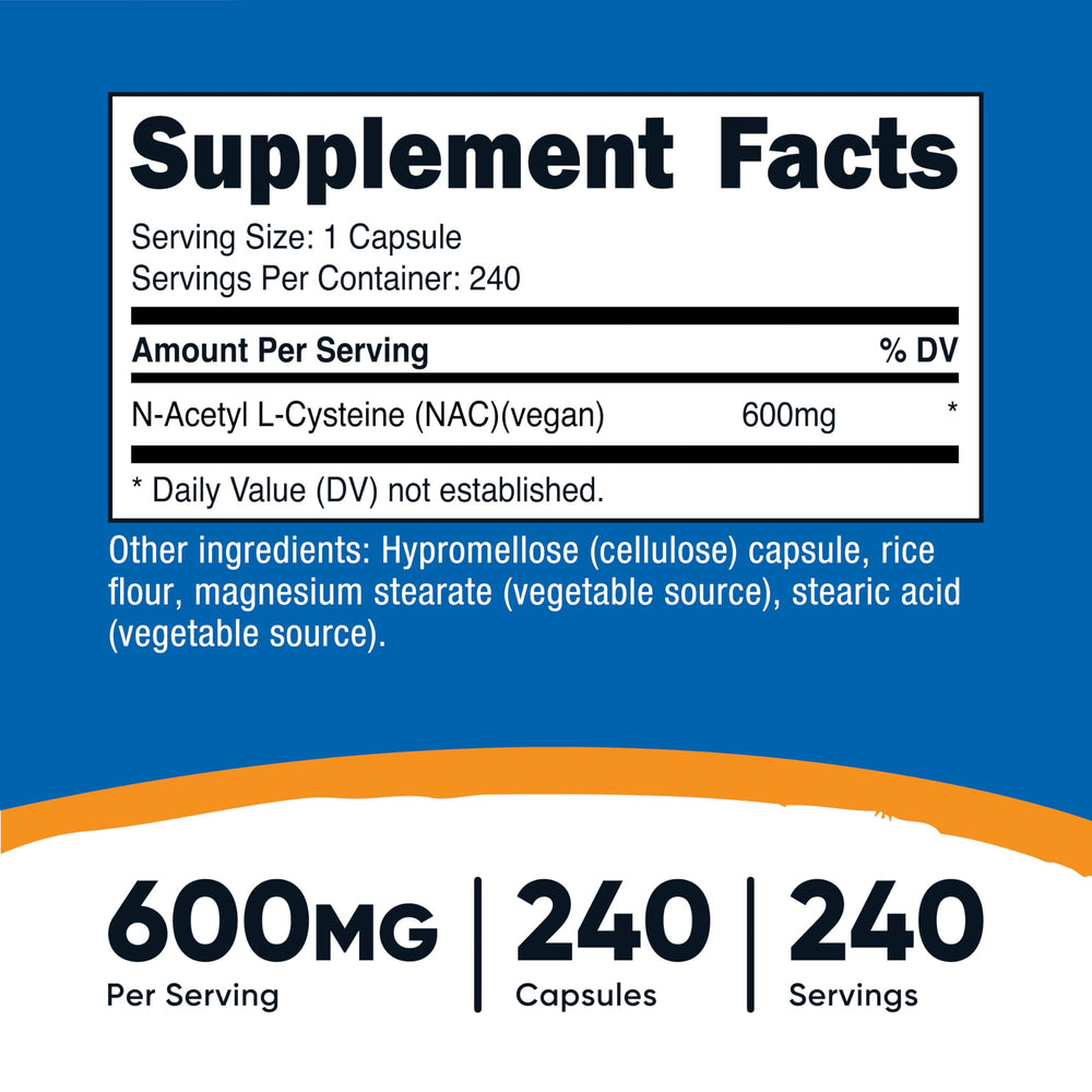 Nutricost NAC capsules close-up showing veggie capsules for vegan use