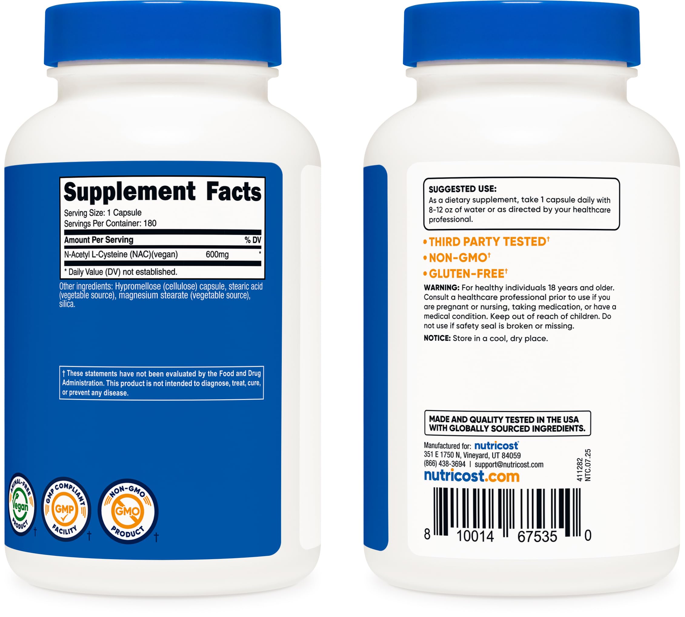 Nutricost NAC manufacturing facility badge signaling strict quality standards.