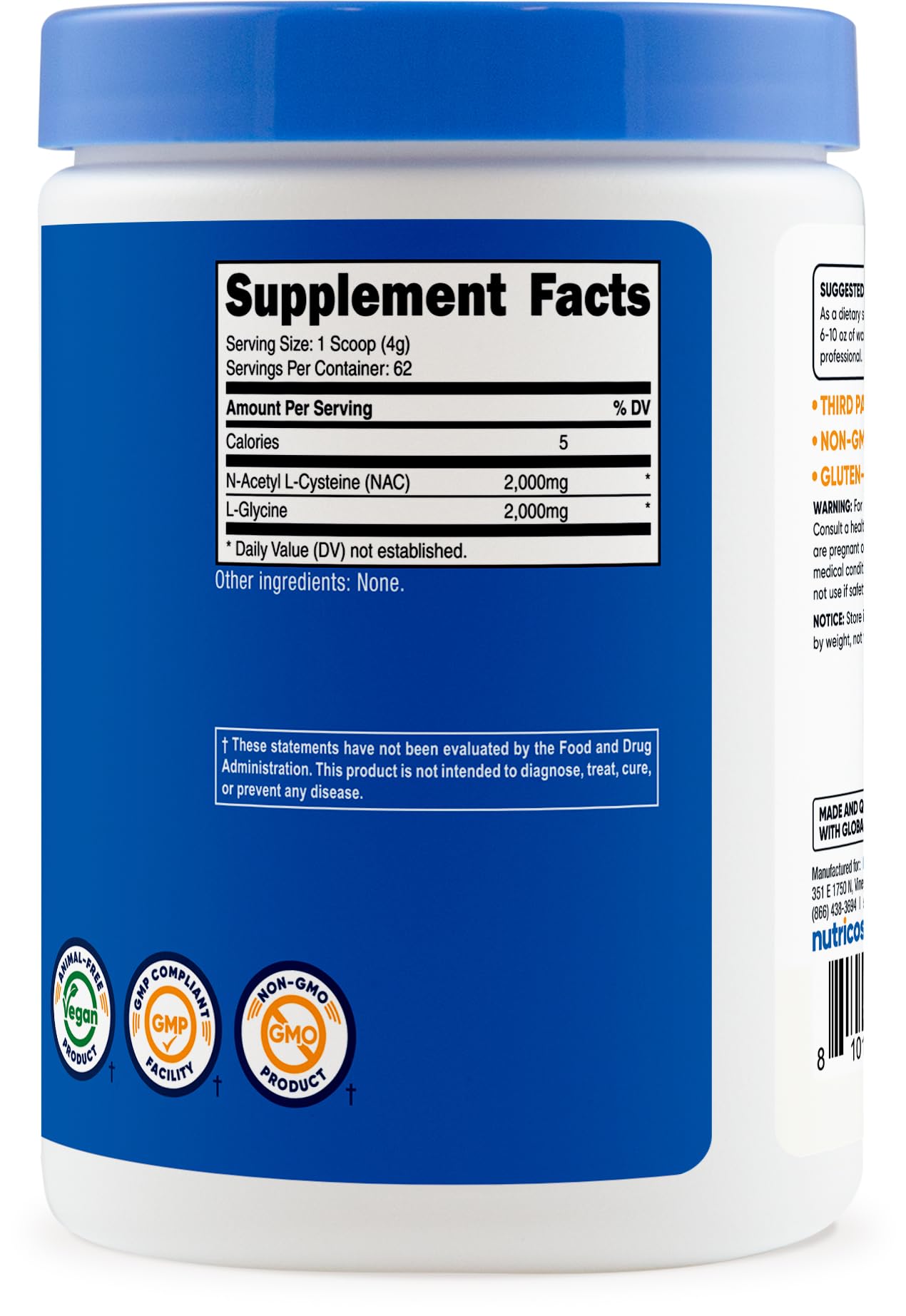 Nutricost NAC Glycine powder bottle label — 62 servings for consistent use.