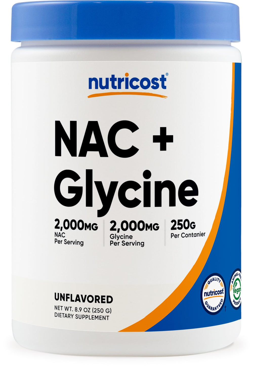 Nutricost NAC Glycine powder bottle — 2,000 mg per serving for versatile daily use.
