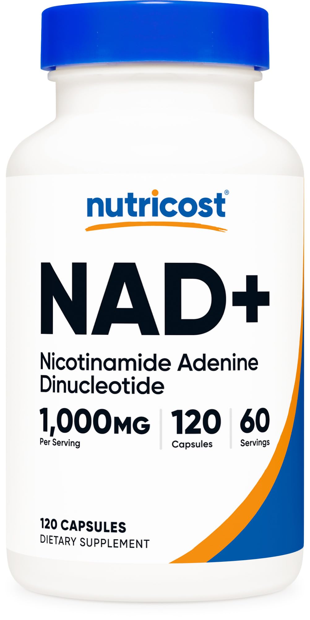 Nutricost NAD+ bottle front view, vegan and gluten-free supplement.