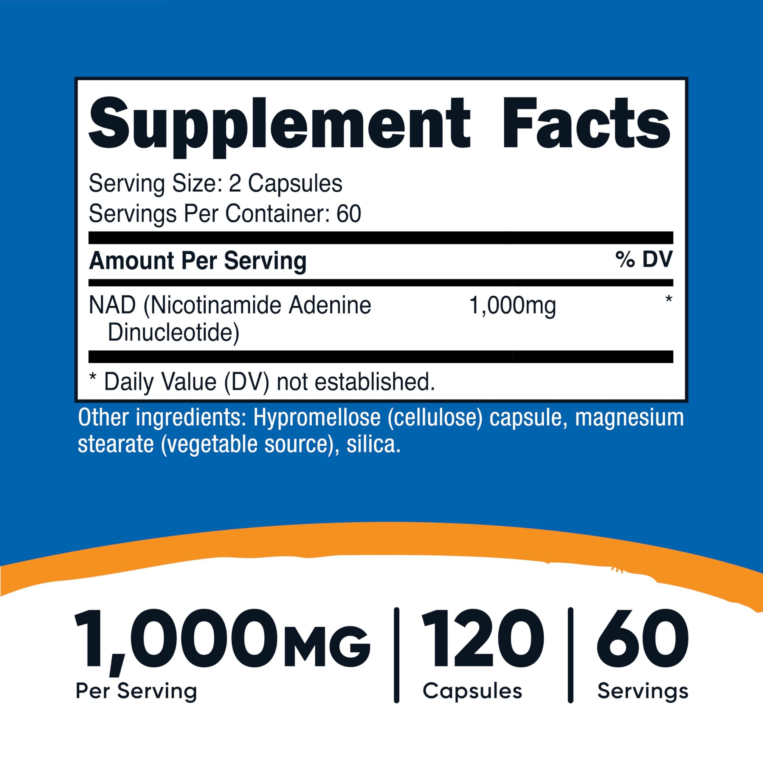 Nutricost NAD+ bottle label showing 1,000 mg per serving.