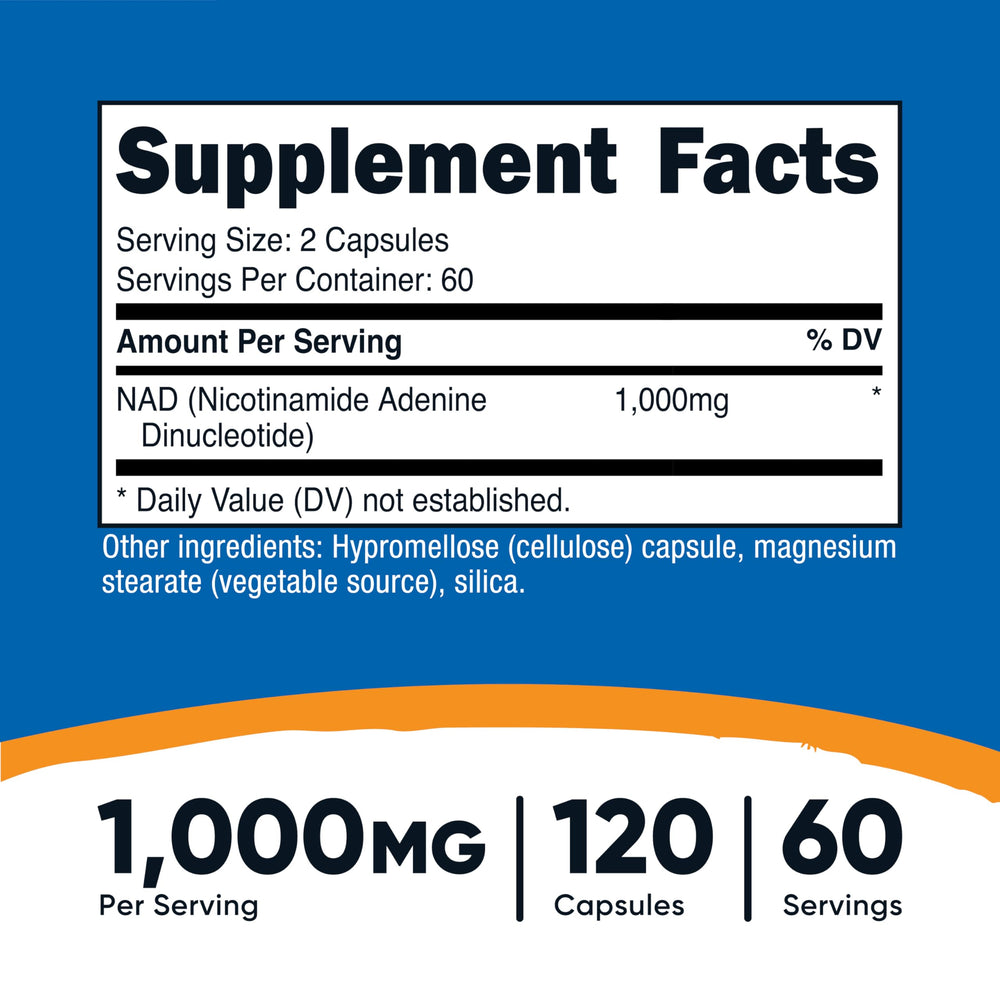 Nutricost NAD+ bottle label showing 1,000 mg per serving.