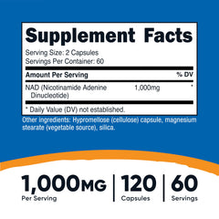 Nutricost NAD+ bottle label showing 1,000 mg per serving.