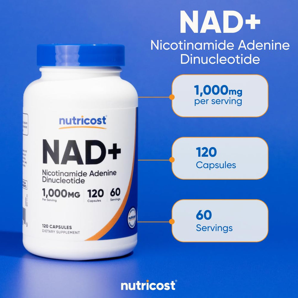 Nutricost NAD+ label highlights vegan and gluten-free status.