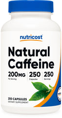Nutricost Natural Caffeine bottle front showing a 250-serving container for steady energy