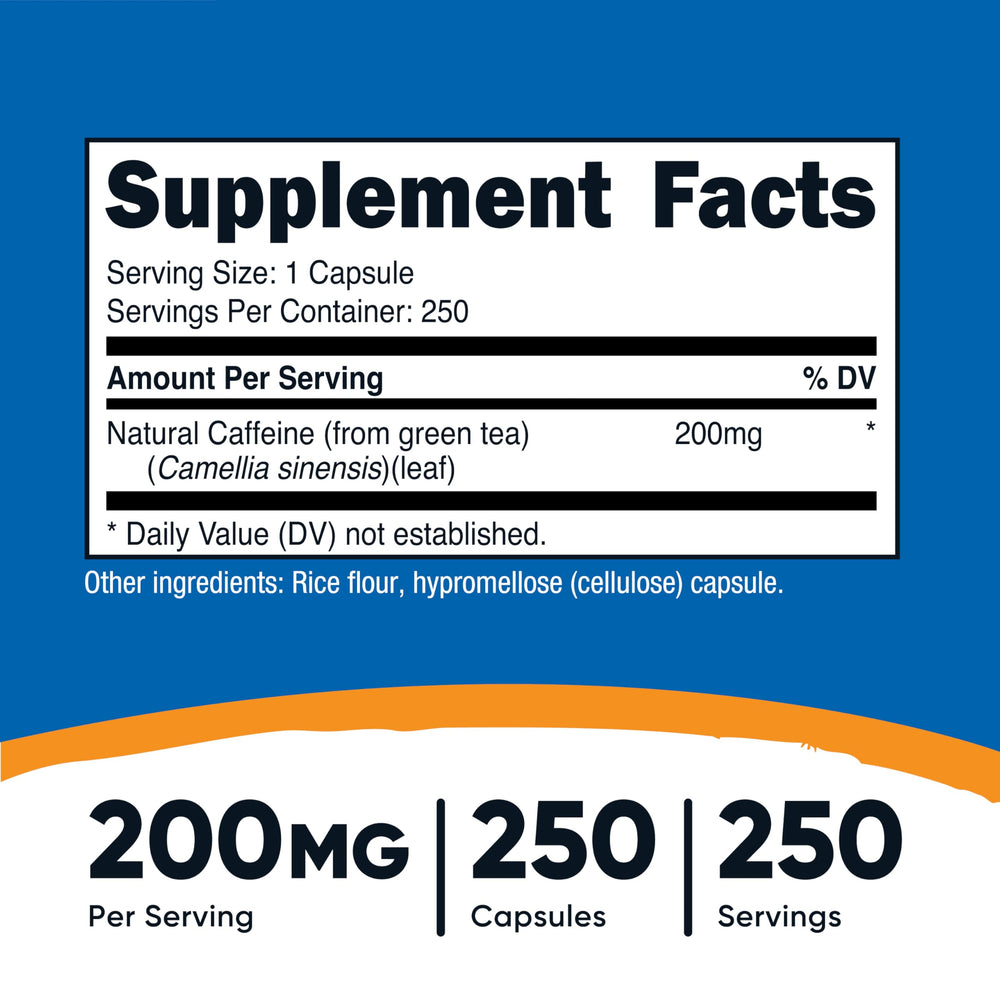 Closeup of Nutricost Natural Caffeine capsules ready to take