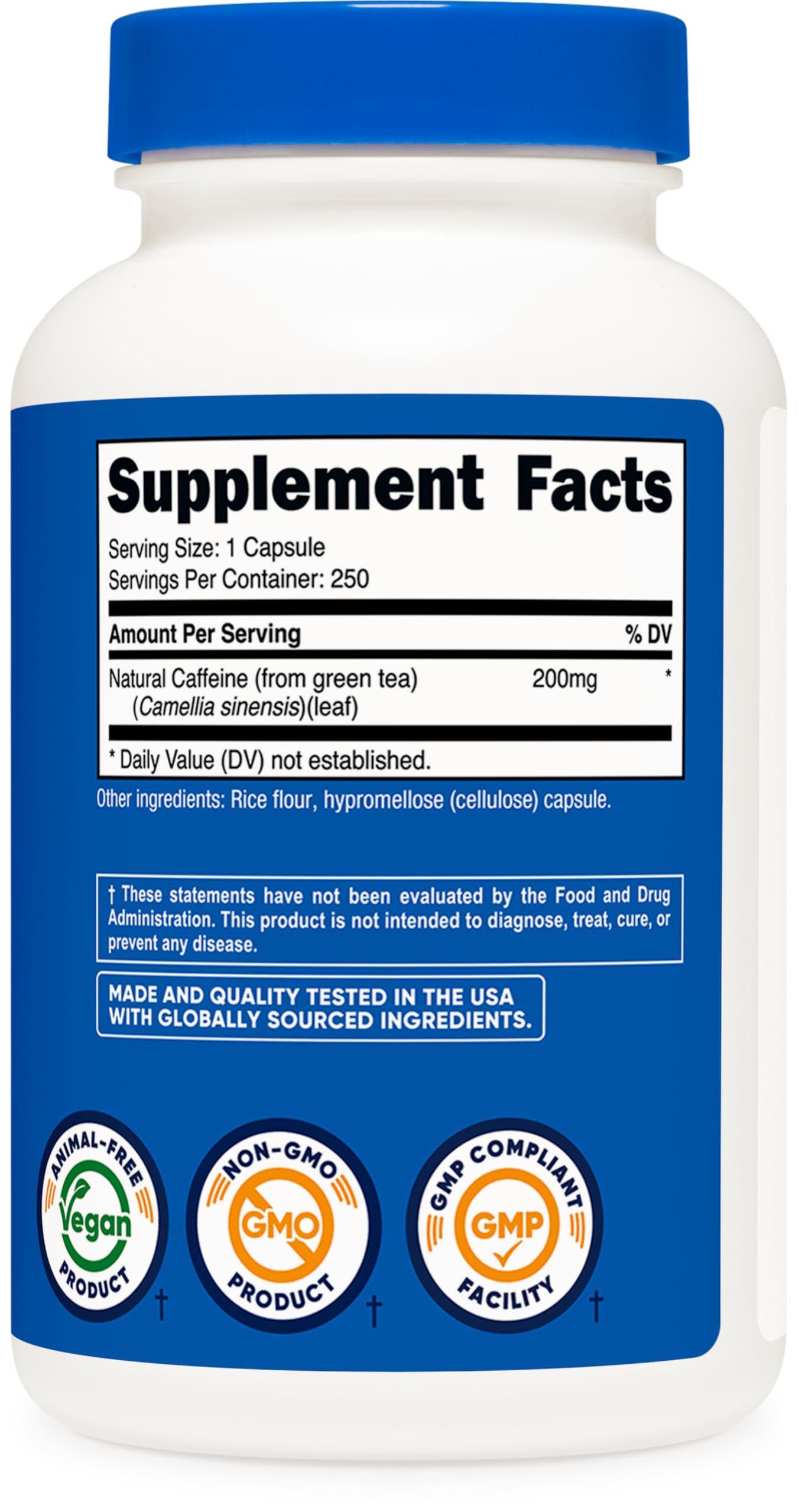 Gluten-free and Non-GMO label on Nutricost caffeine packaging