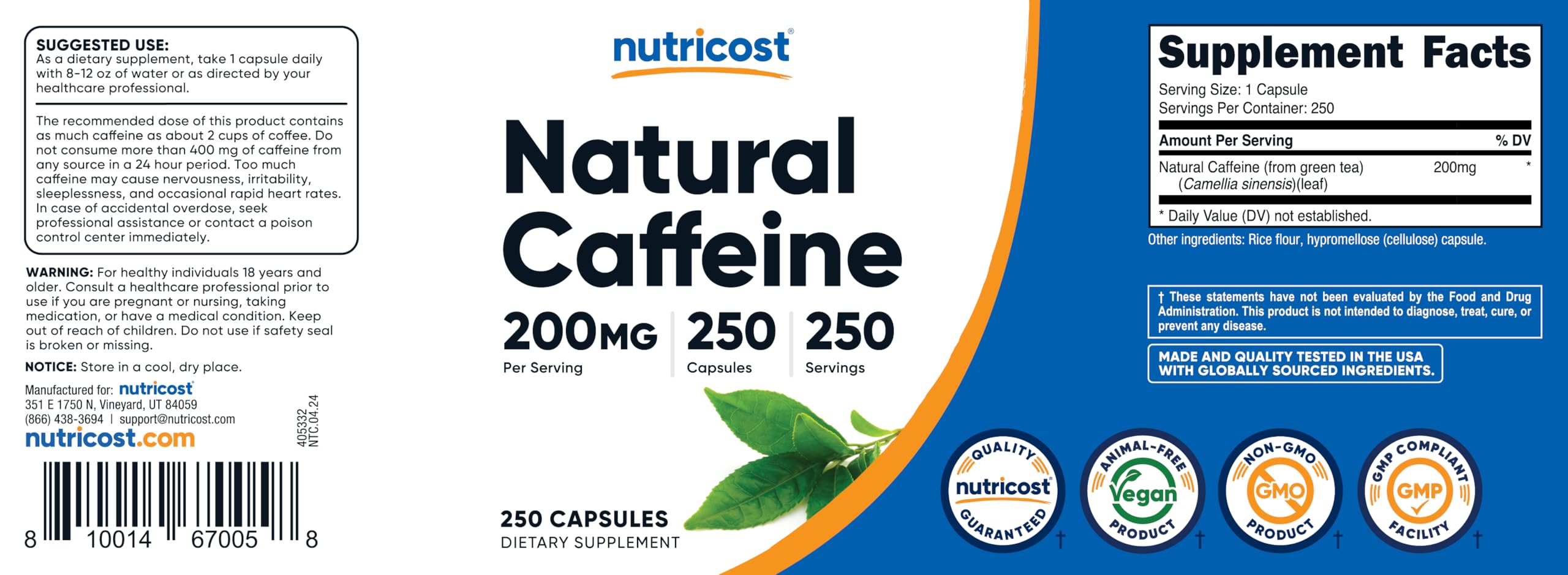 Third-party tested stamp on Nutricost Natural Caffeine packaging