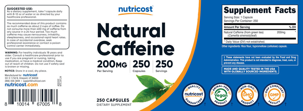Third-party tested stamp on Nutricost Natural Caffeine packaging