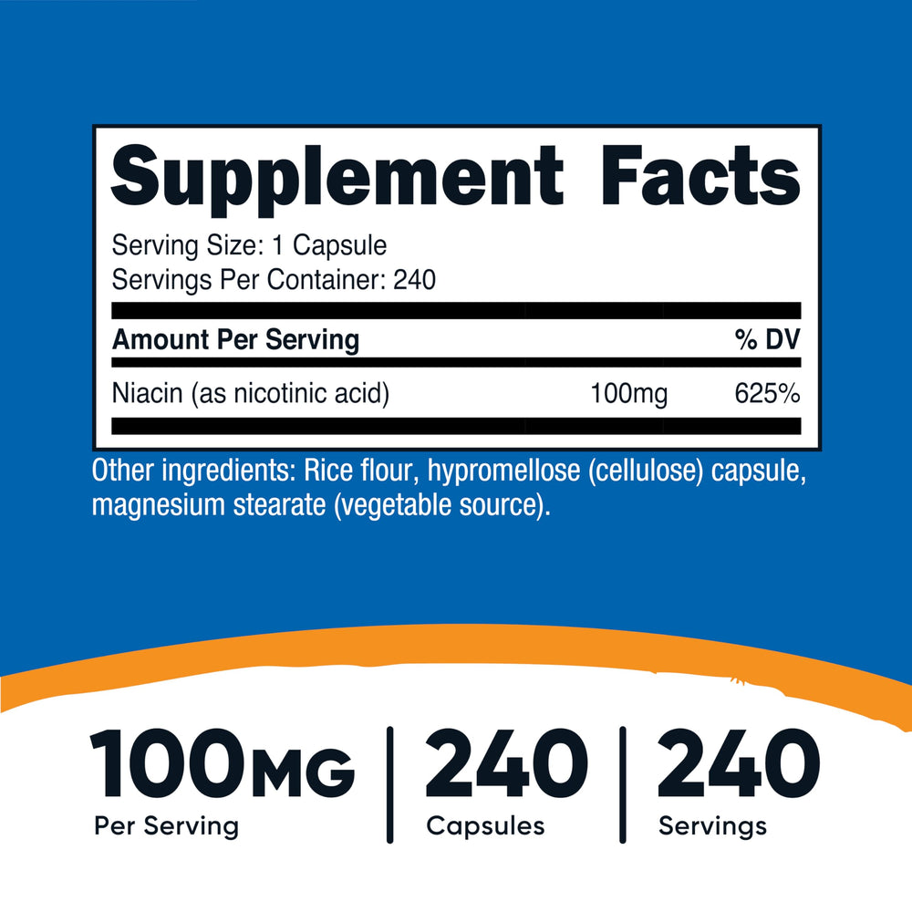 Nutricost Niacin 100mg capsules closeup shows immediate-release formula.