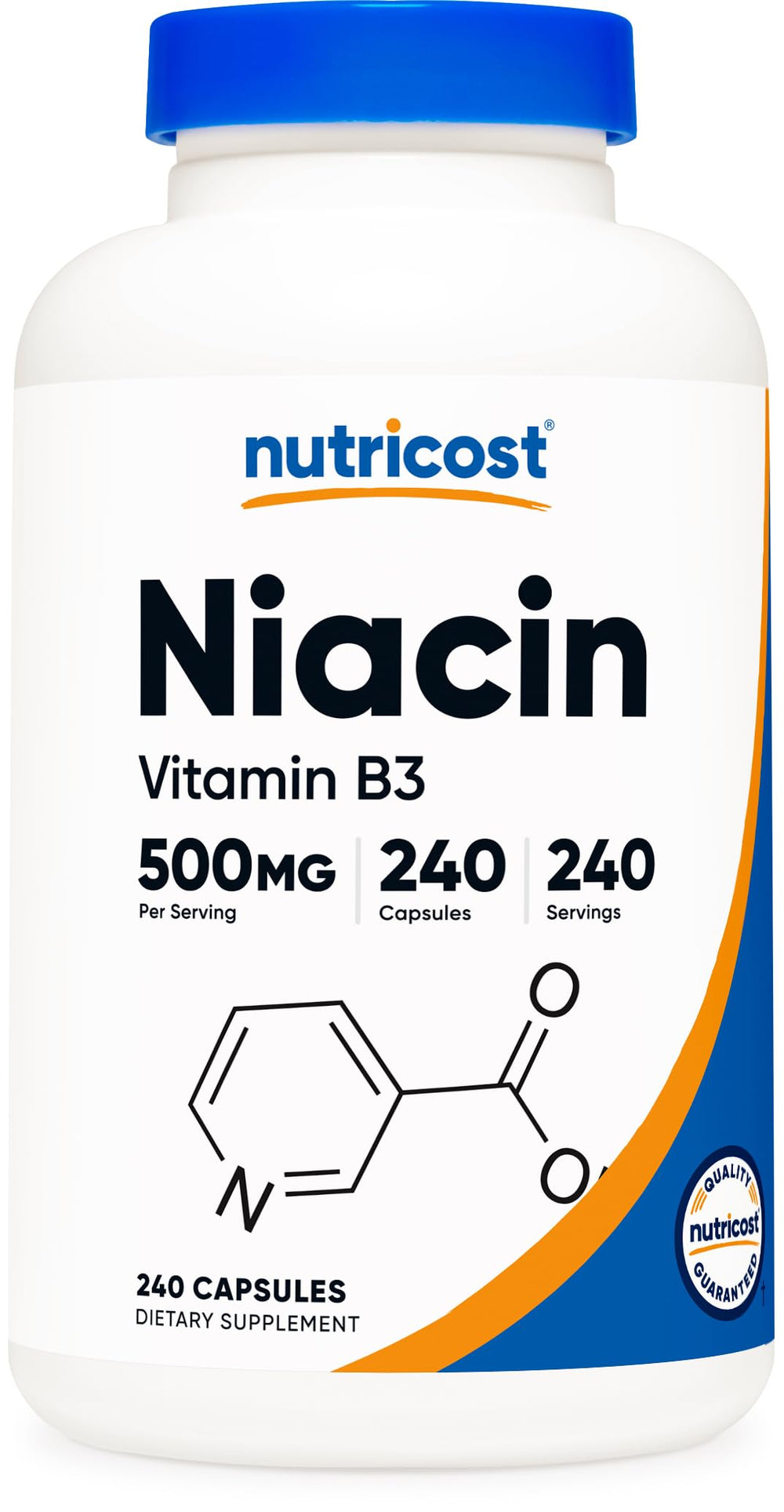 Nutricost Niacin 500mg bottle label close-up showing potency for daily energy support.