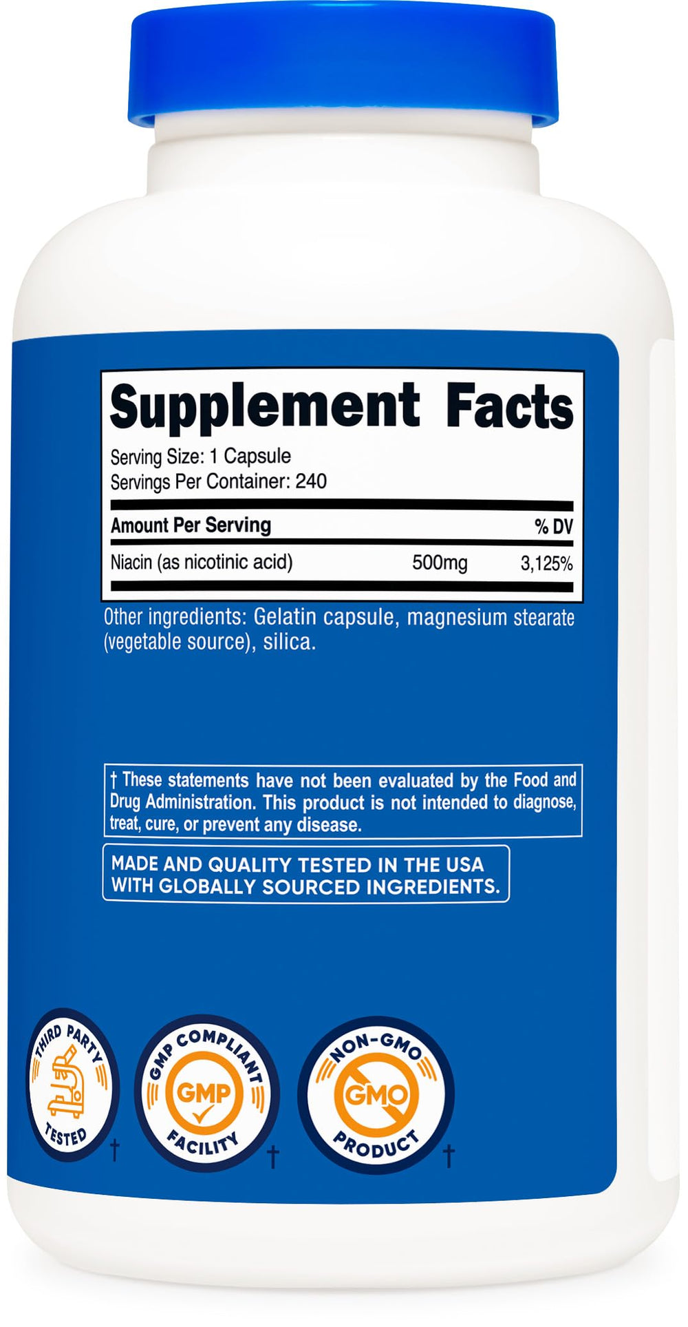 Nutricost Niacin 500mg bottle with measuring cap for precise daily dosing.