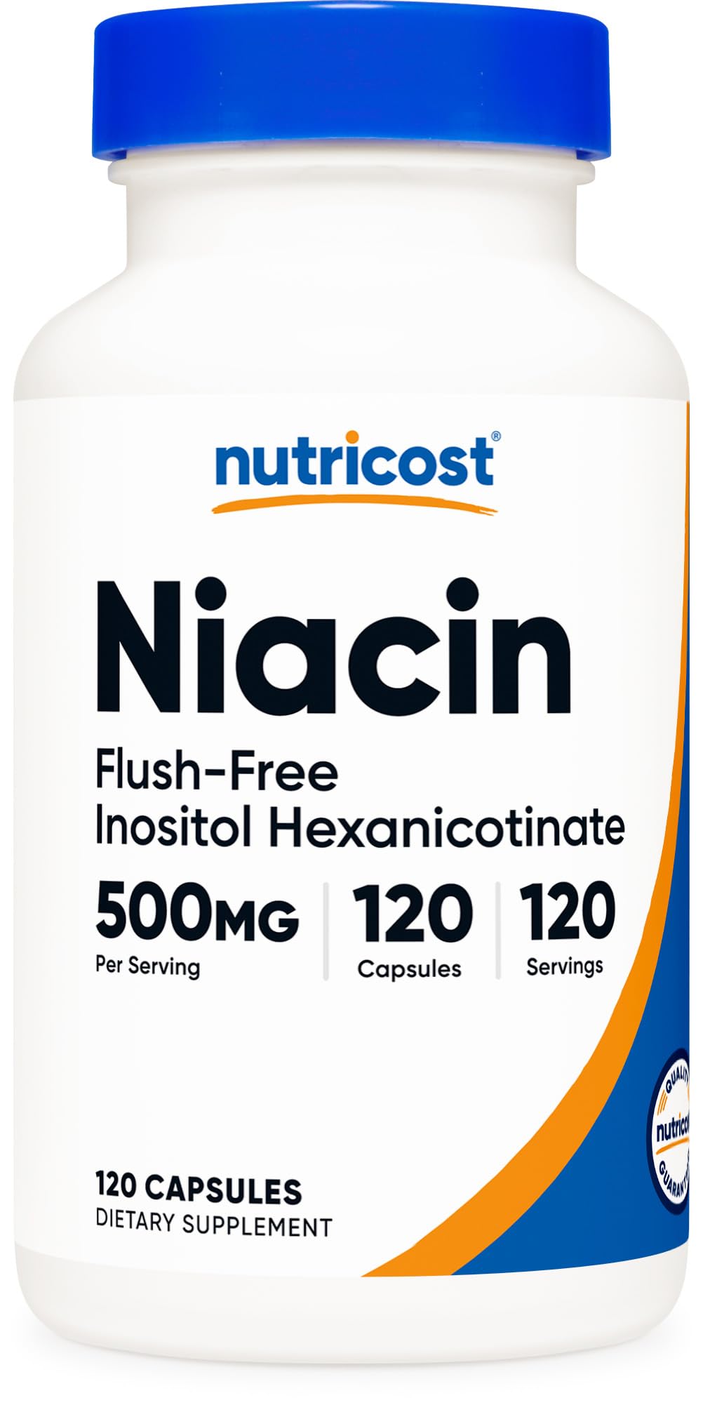 Nutricost Niacin flush-free bottle front shows label for daily vitamin B3 support.