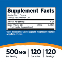 Nutricost Niacin flush-free bottle label highlights Inositol Hexanicotinate form.