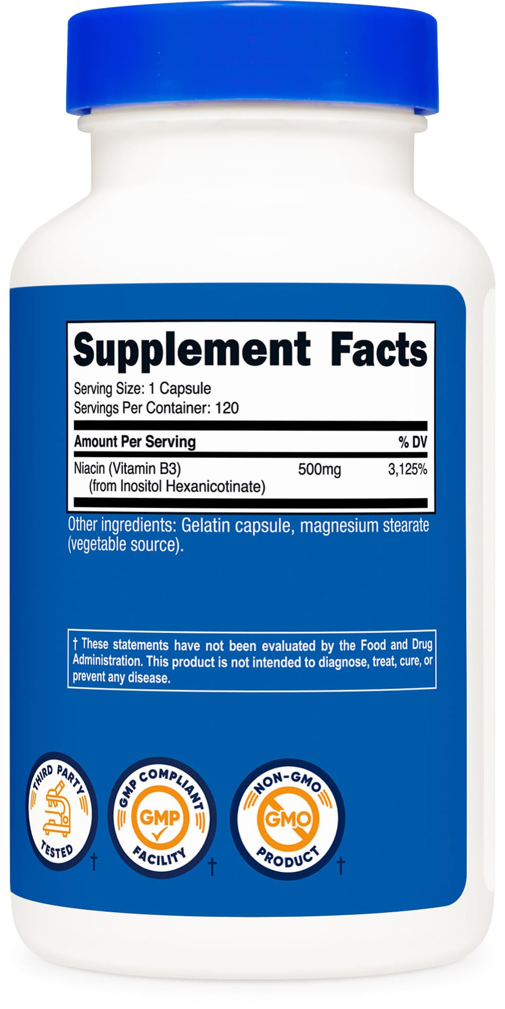 Nutricost Niacin packaging detail shows gluten-free, non-GMO attributes for clean daily use.