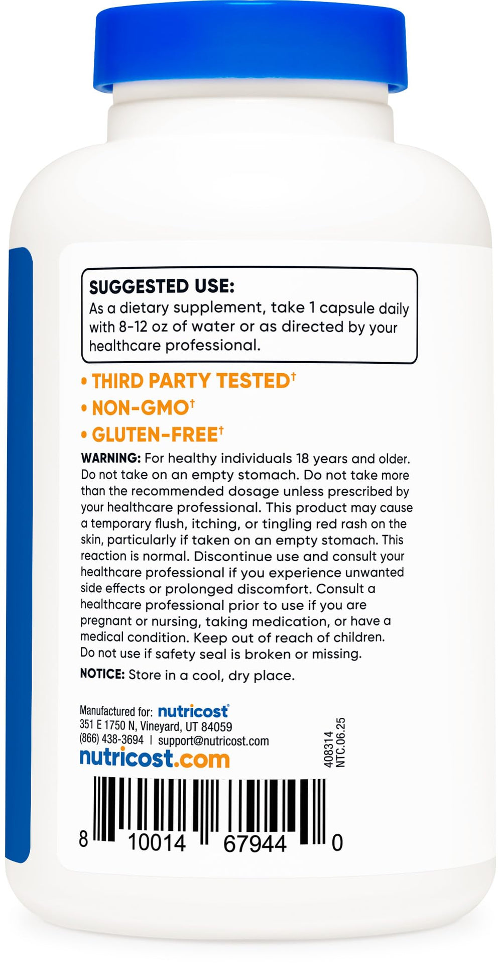 Nutricost Niacin capsules featuring Non-GMO and gluten-free formulation for clean supplementation.