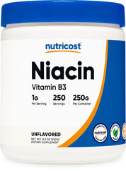 Nutricost Niacin powder bottle showing a 250 g jar for daily Vitamin B3